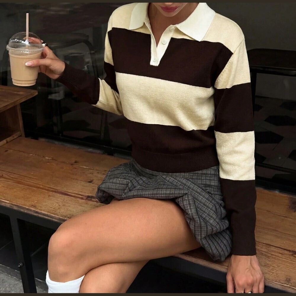 Brown & Cream Striped Knit Polo Sweater